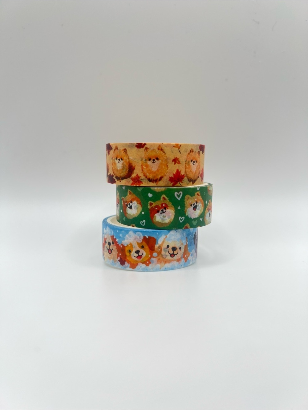 Three Animal Cute Pom Pomeranian Dog Puppy Washi Tape Trio - Brown, Green, Blue